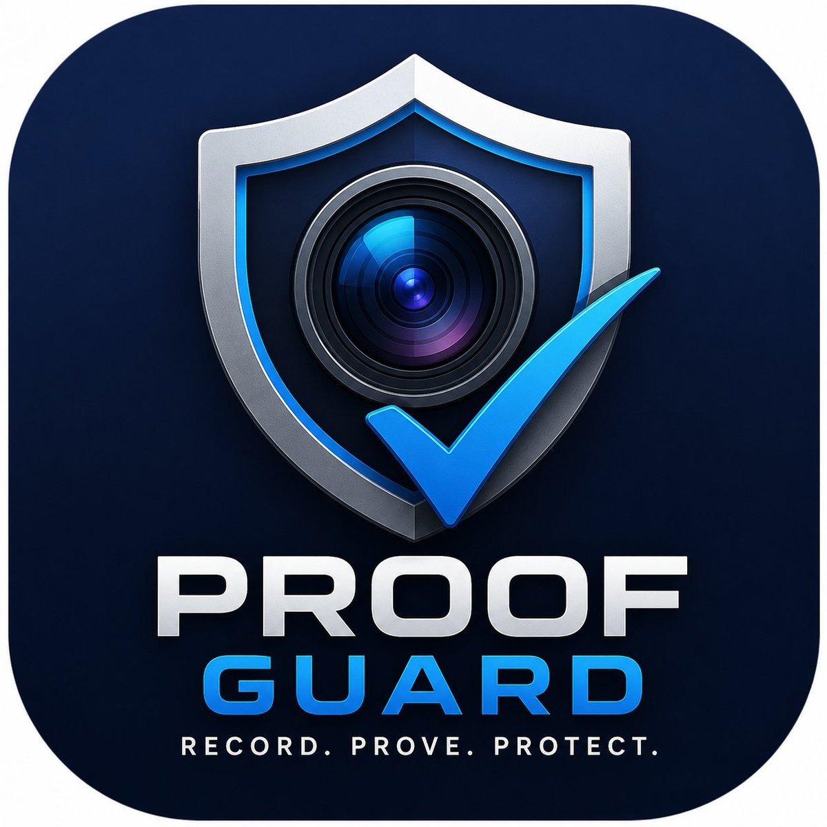 Proof Guard app logo featuring a camera lens inside a shield with checkmark on dark blue background